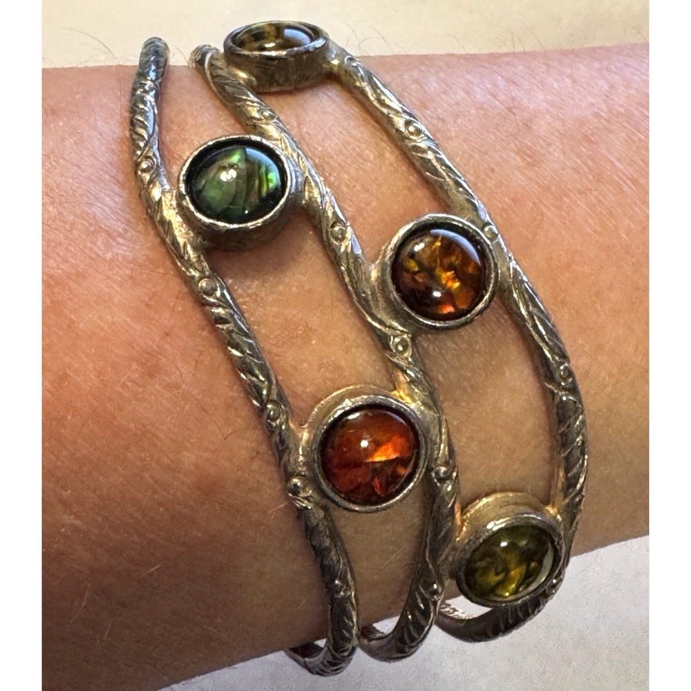 Silver Tone‎ Triple Band Cuff Bracelet Amber Yellow Green Cabochons 7 Inch